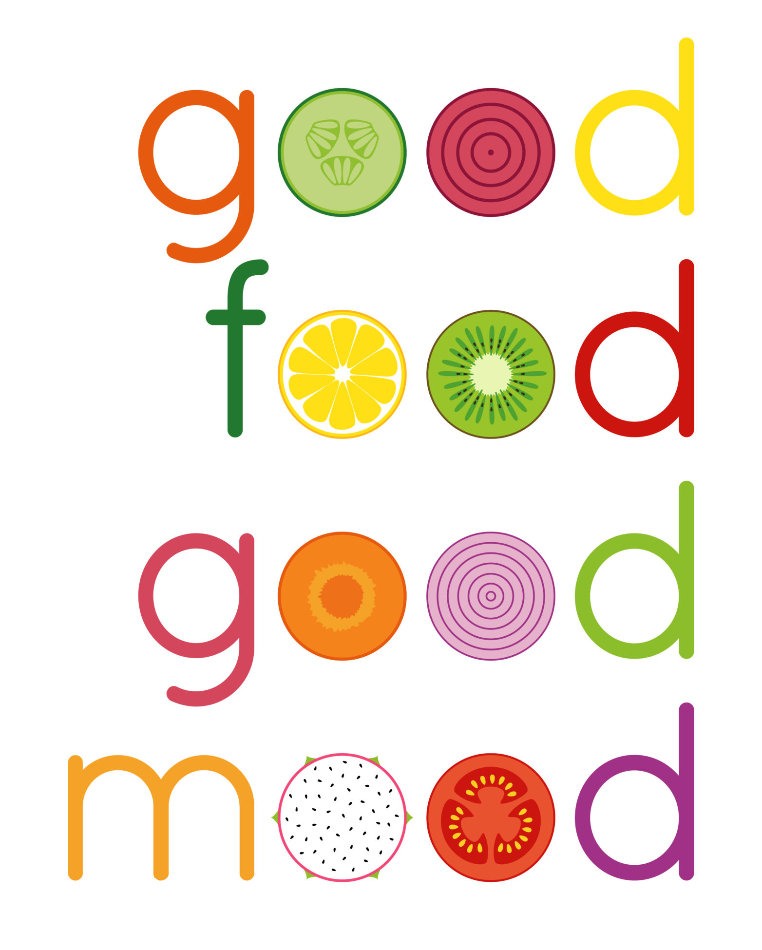 Colorful letters on a white background, spelling out 'good food good mood' with fruit slices as the 'o's